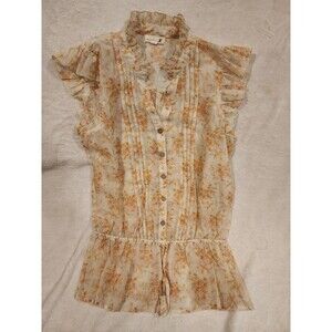Mine Yellow Floral Blouse Sleeveless Wooden Buttons V Neck Ruffles women large